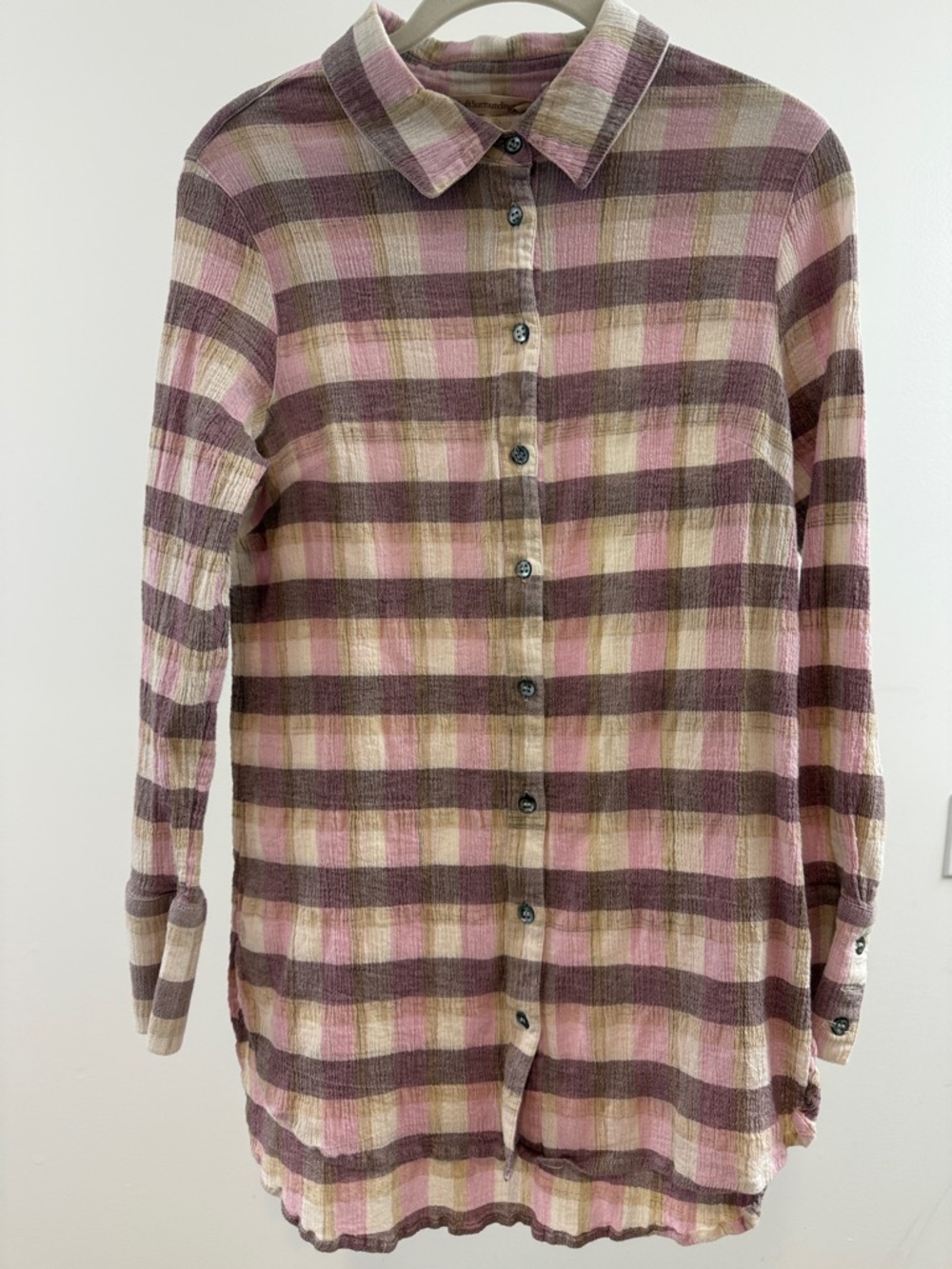 Soft Surroundings Pink, Mauve & Cream Plaid Button-Down Shirt